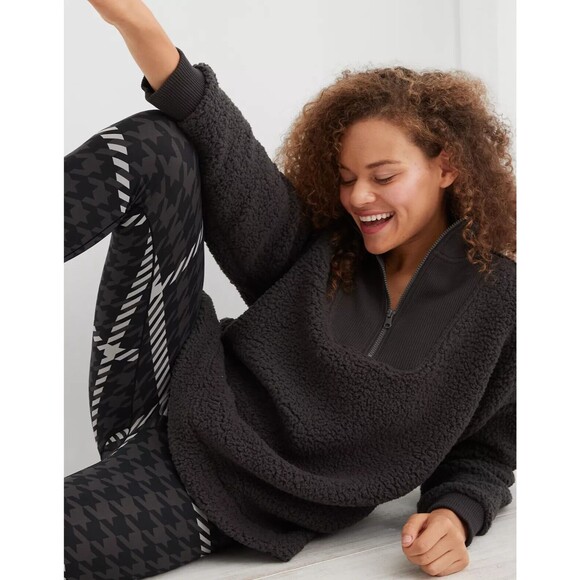 Aerie Large Dream Sherpa Sweatshirt Smoked Gray Quarter Zip Ribbed Neck NWT - Picture 2 of 13